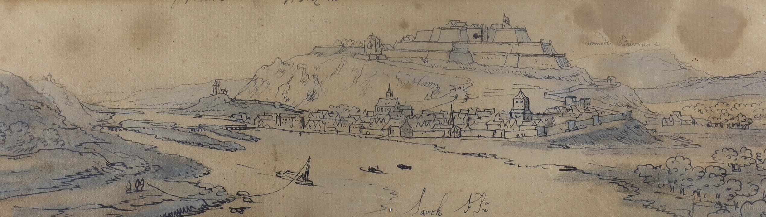 19th century Continental School, ink and wash on paper, View of a riverside town, inscribed 'Lauth', 9 x 30cm, unframed